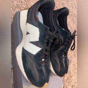 New Balance 327s in black with cream gum